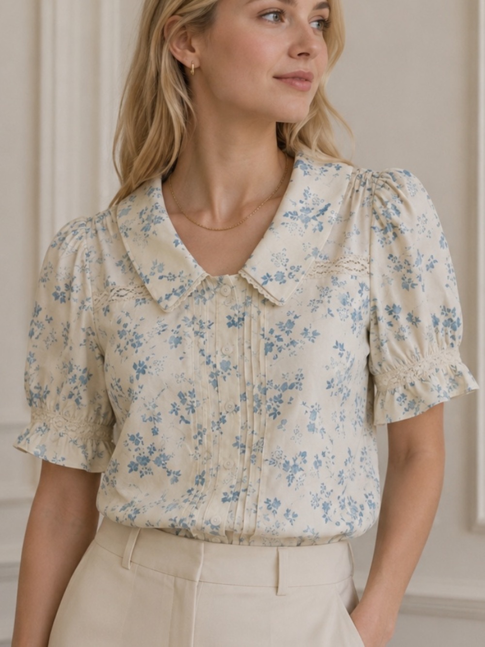 Rihoas White The Lace Spliced Pleated Floral Shirt Size Large 36871
